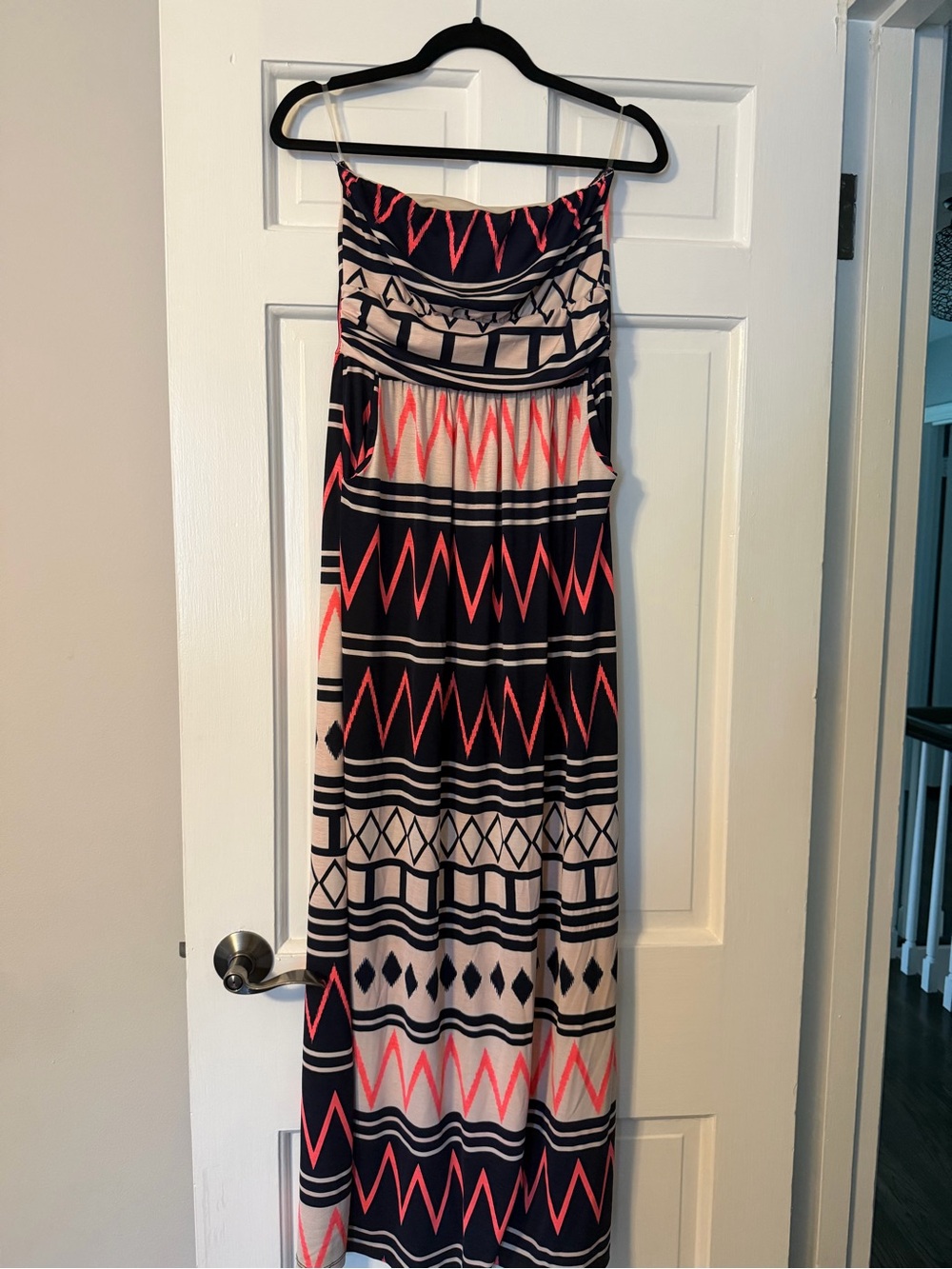 Strapless Vanilla Bay Navy, Cream & Coral Geometric Maxi Dress
